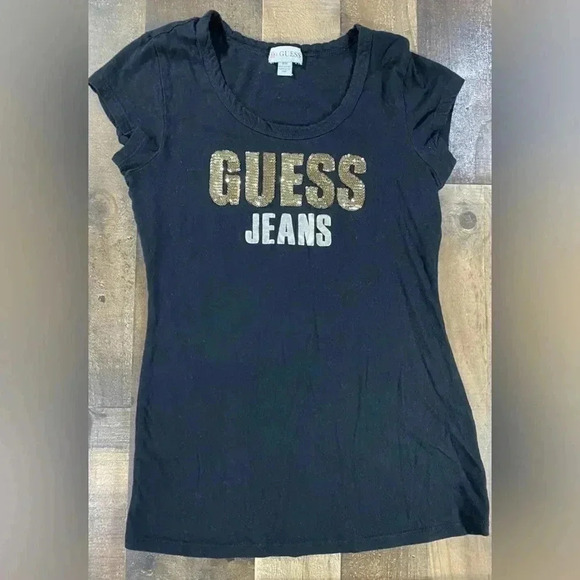 GUESS Jeans Women’s Jet Black T-Shirt with Gold Writing and Gold Sequins - Picture 11 of 11